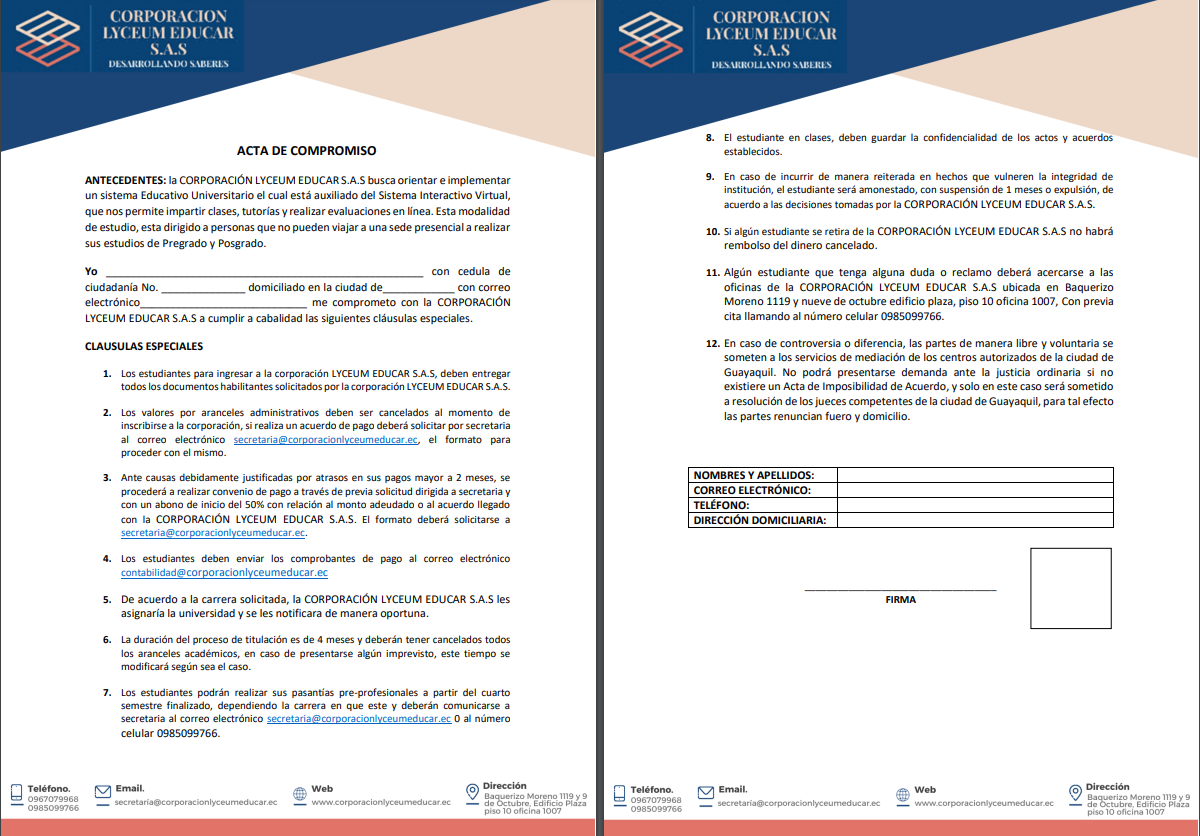 Lyceum Educar Virtual: ACTA DE COMPROMISO ESTUDIANTIL
